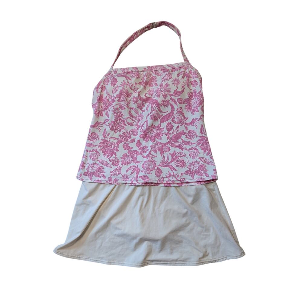 Lands' End Womens Tankini Swim Top Skirt Set Pink Floral Halter Cream; size 8
